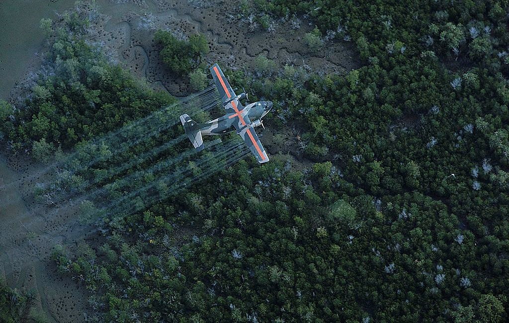 A plane sprays defoliant over trees in Vietnam