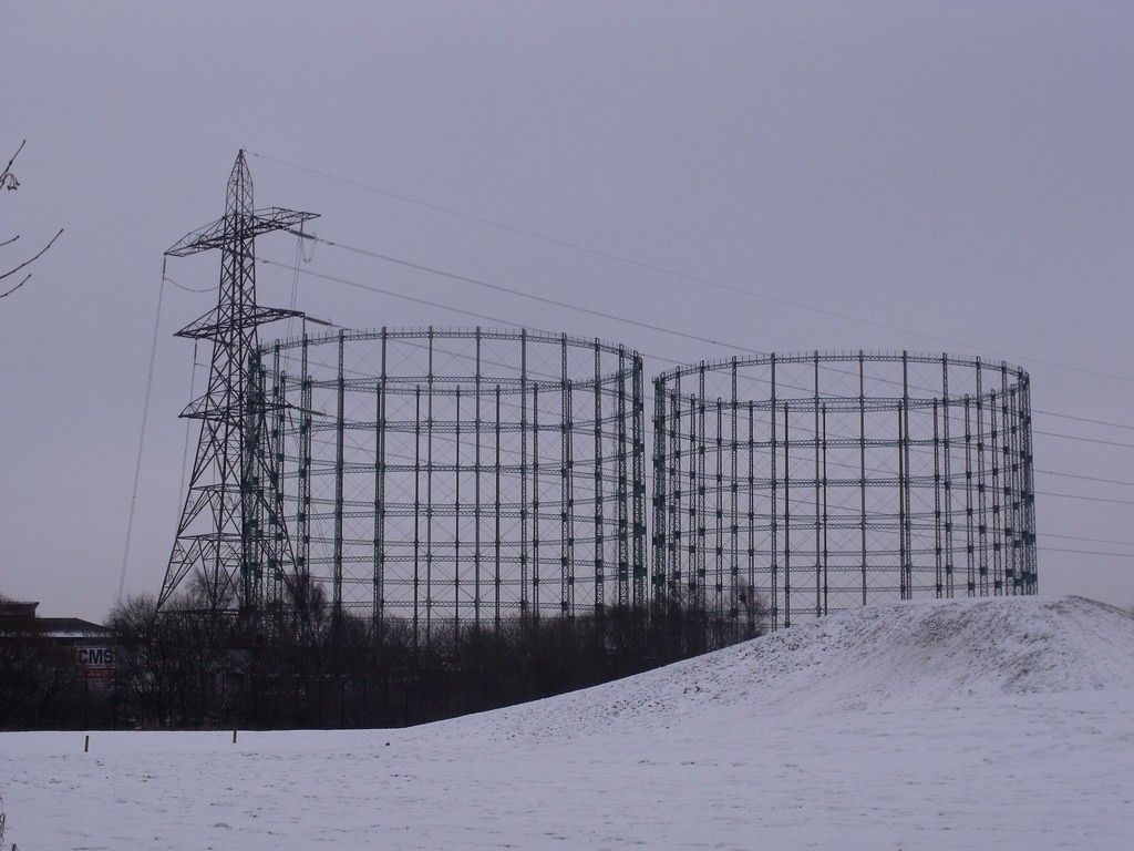 Gas holders on a snowy day