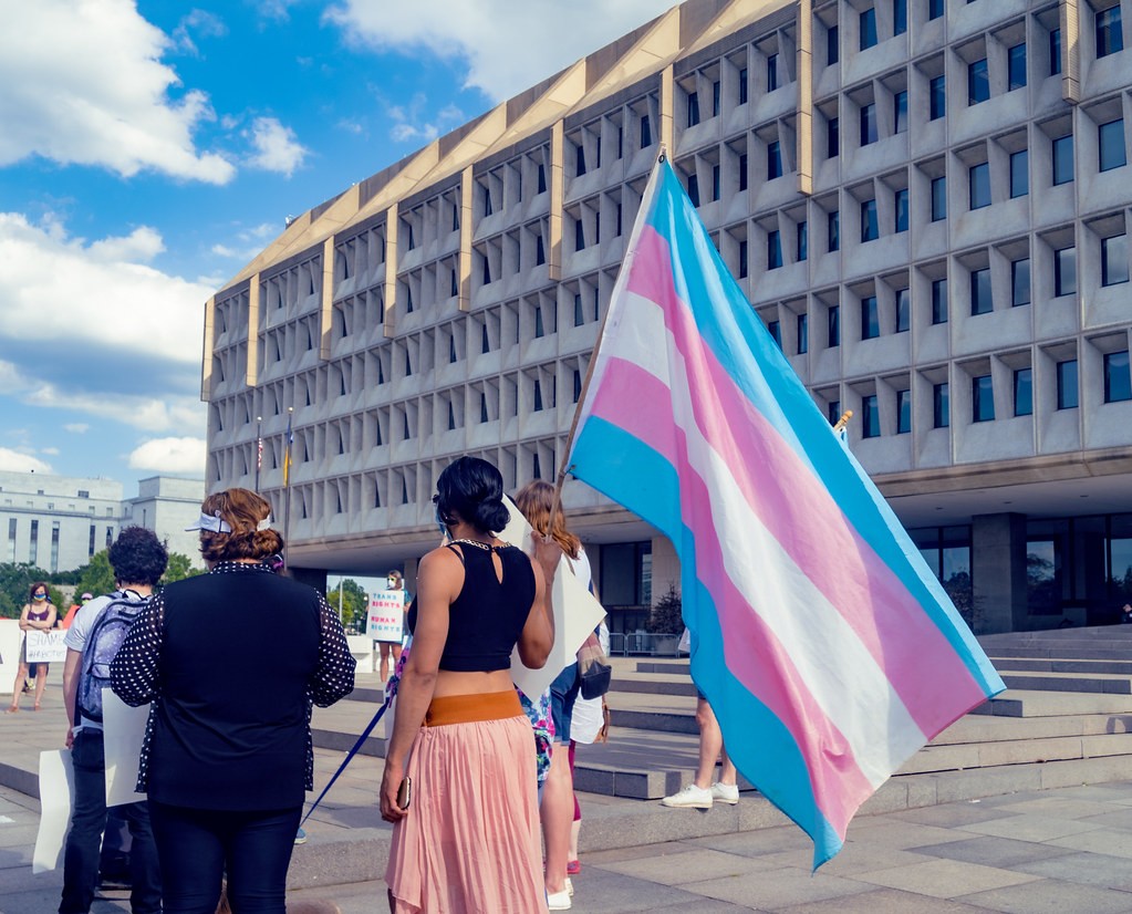 A person holds a trans flag
