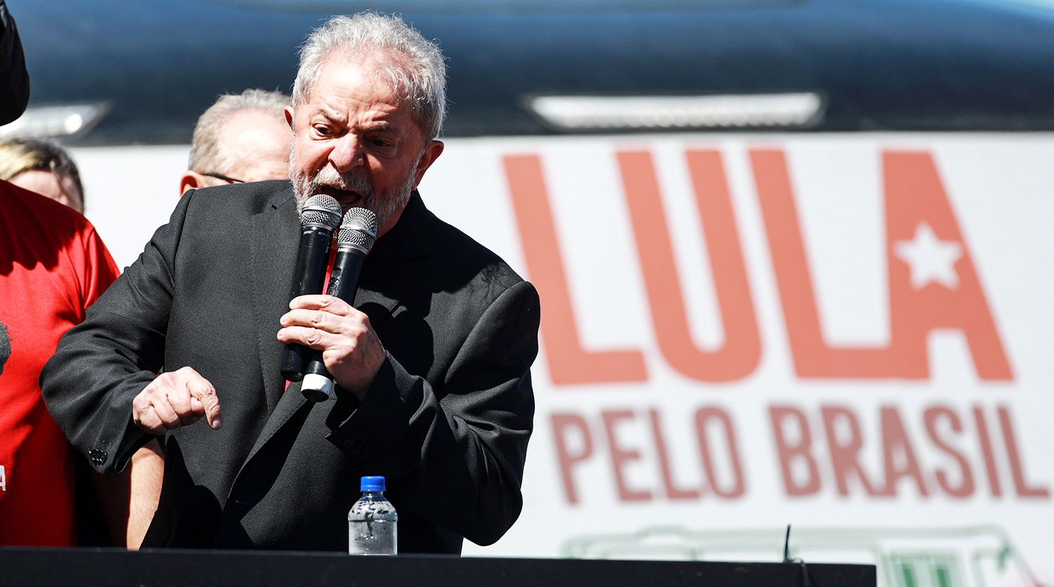 Former Brazilian President Luiz Inacio Lula da Silva speaks during a rally in Santana do Livramento, Rio Grande do Sul state