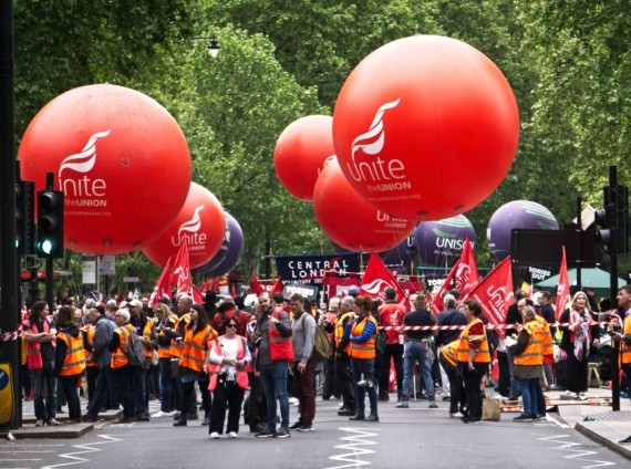 Unite and Unison balloons atthe TUC March and Rally, 2018
