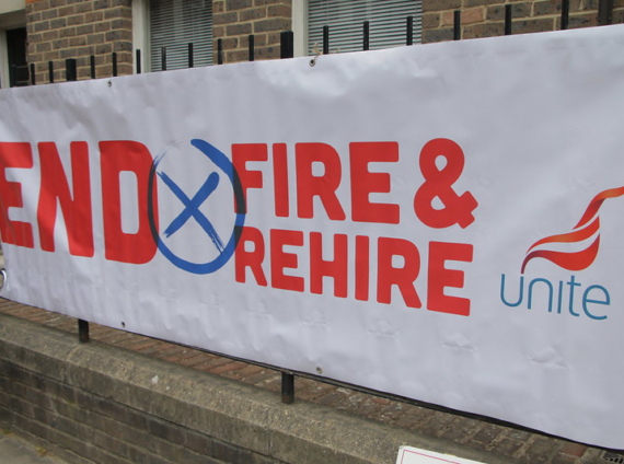 A Unite banner which reads "End Fire & Rehire"