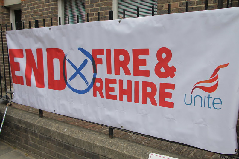 A Unite banner which reads "End Fire & Rehire"